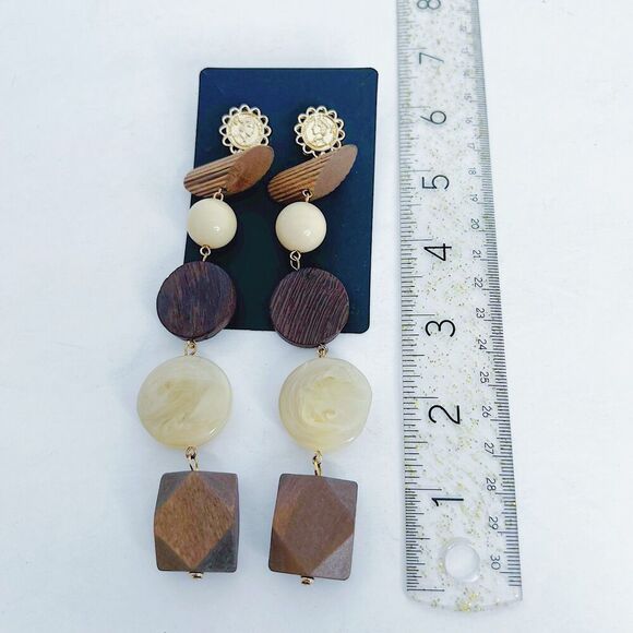 Natural Wood Statement Earrings Geometric Block Dangling Boho - Picture 4 of 4